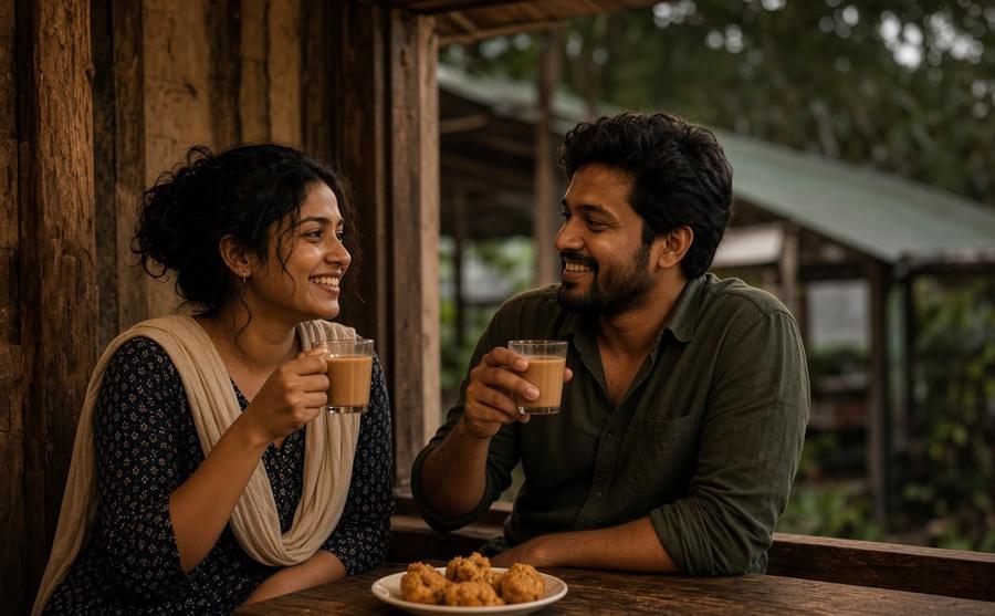 Illustration: two people chatting over glasses of chaya and snacks