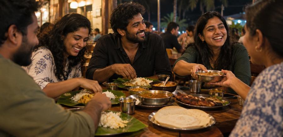 Illustration: friends sharing a Kerala meal at a restaurant table at night